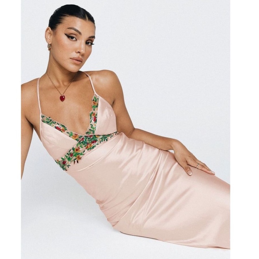 Princess Polly sadelle maxi Champagne dress w floral lace silky pink botanical 6